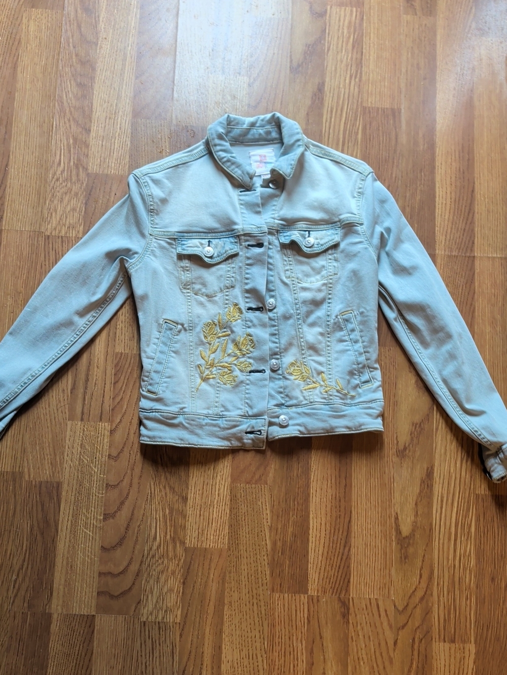 Urban Outfitters Light Beige Denim Jacket with Yellow Floral Embroidery